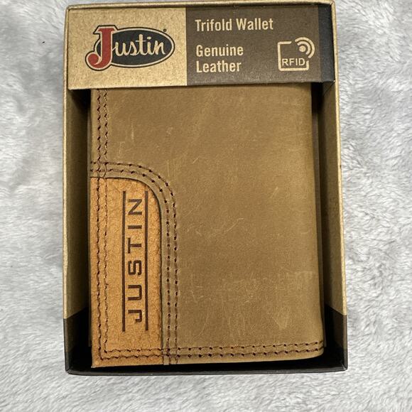 Justin Trifold Wallet Brown Genuine Leather 2-Tone Embossed Logo Western RFID - Picture 1 of 11